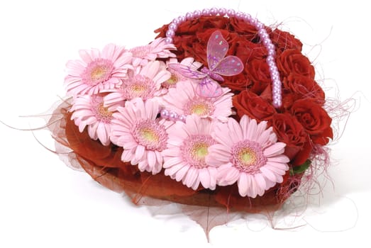 Valentine heart w Roses Gerbera and fabric leaves