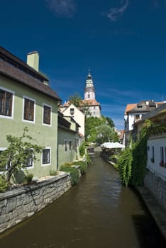 Narrow canal at Cesky Krumlov in Czech republic