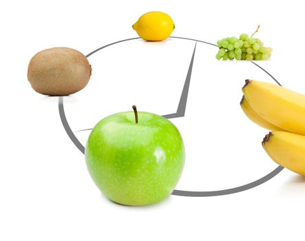 Fruits lying on abstract clock