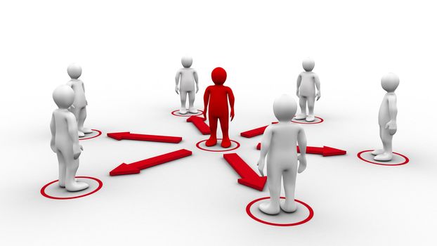 Red 3d-men requesting connection with surrounding white 3d-men on white background