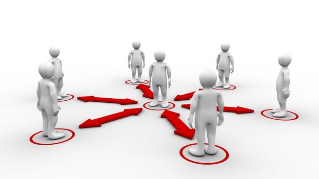 White 3d-men established connection with surrounding white 3d-men on white background