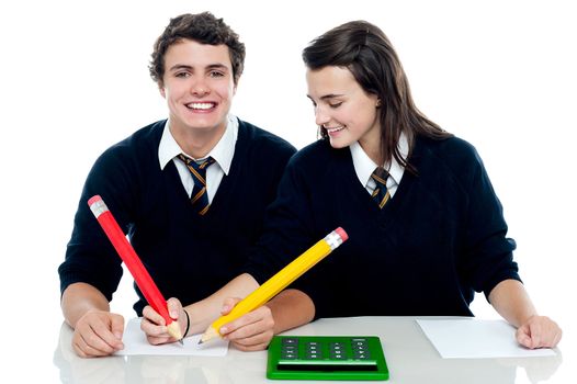 Girl making corrections on her partners examination paper while guy smilingly looks at camera