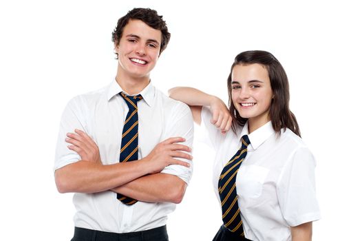 Snapshot of cheerful teen student friends isolated on white background