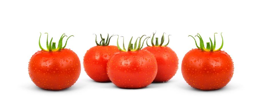 Five red tomatos isolated on white background