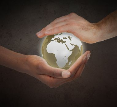 Hands protecting a glowing planet globe against a white background