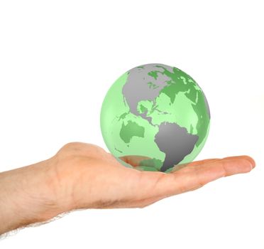 Masculine hand holding a 3d planet globe against a white background