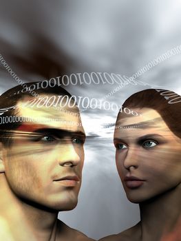 Portraits of binary man and woman on gray background - 3d render