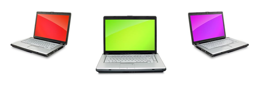 Open laptops showing keyboard and screen isolated on white background