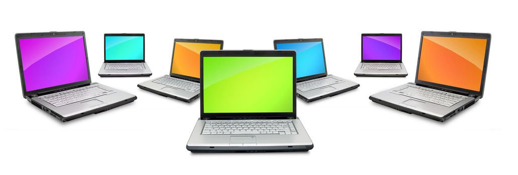 Open laptops showing keyboard and screen isolated on white background