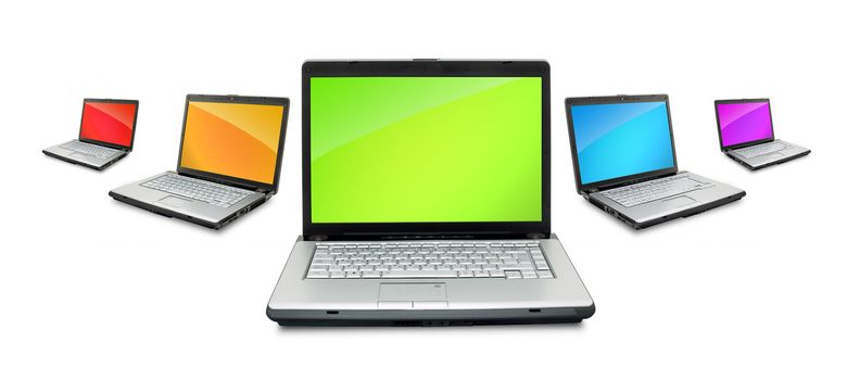 Open laptops showing keyboard and screen isolated on white background