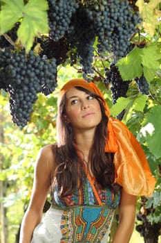 Beautiful girl dressed in gipsy style portrait. Grapes and vineyard as background
