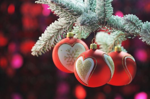 It's Christmas, red balls hangs from a frosted pine tree