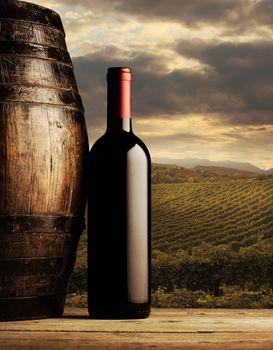 red wine bottle and wodden barrel, vineyard on background