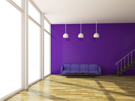 The violet sofa near a big window