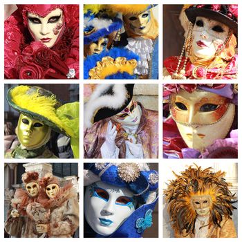 Collage of various and colorful masks of the famous Carnival in Venice