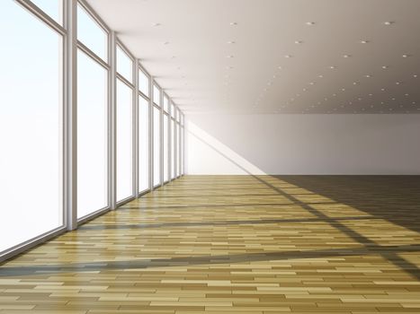 Hall with large windows and lamps