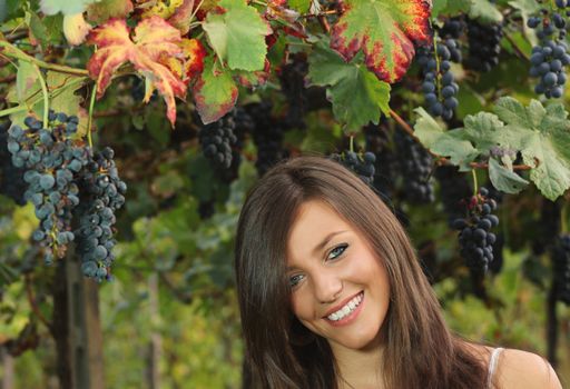 Smiling girl portrait with autumn grape  leaves in a vineyard