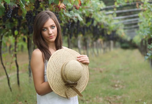 Attractive blue eyes girl with hay hat in a grapevine. Soft desaturated.