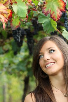 Smiling and beautiful girl portrait . Autumn grape  leaves in a vineyard