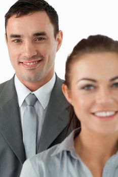 Close up of business team against a white background