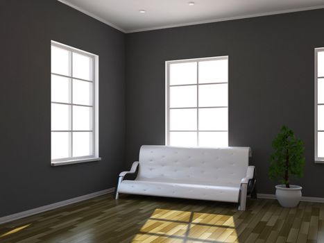 Leather sofa and plant near a window