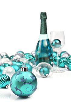 Blue christmas ornaments with wine