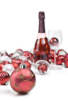 Red christmas ornaments with wine