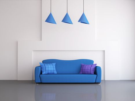 Interior of a room with an blue sofa