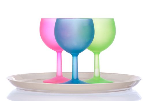 three colored wine glasses for cocktails for party