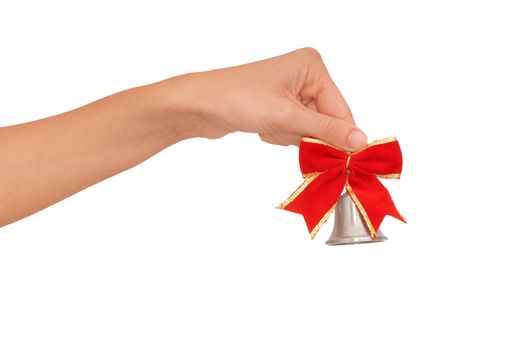 hand bell with red bow in the woman's hand for ringing