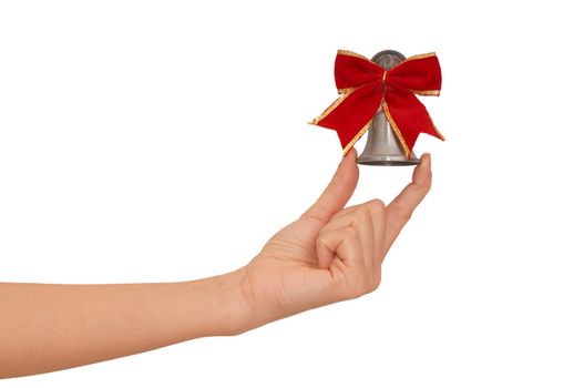 hand bell with red bow in the woman's hand for ringing