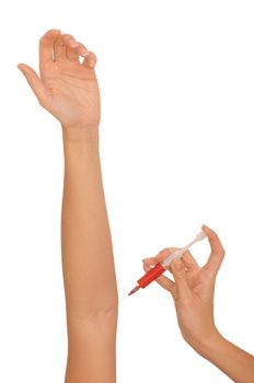 Woman use syringe with a new synthetic hard drugs mixed with blood for escape from reality