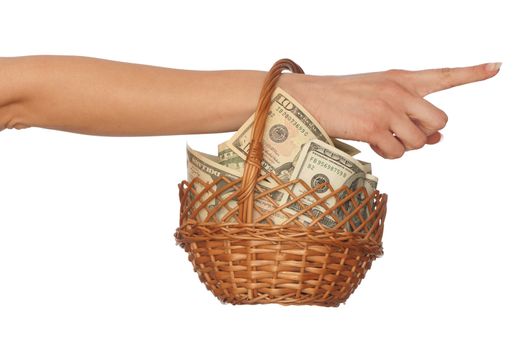 woman holding a basket with money for buying some goods