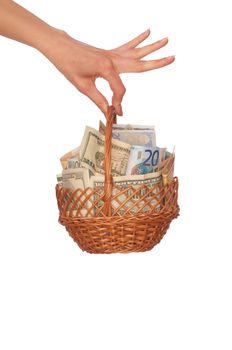 businesswoman owns the dual currency basket with euro and dollars for stable business