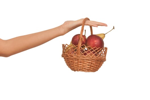 Basket with yellow pears and red apples from supermarket