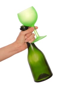 green bottle and wine glass for cocktails for party