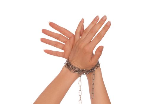 Woman bounded metal chains as a symbol of punishment