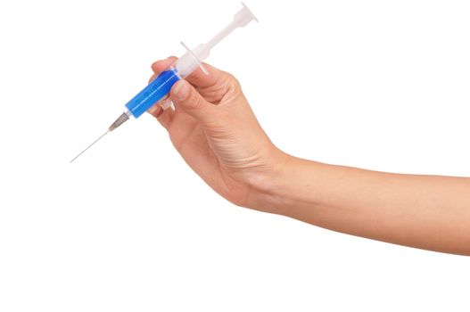 Woman holds in the hand syringe with a new synthetic hard drugs for escape from reality
