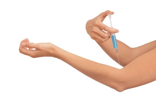 Woman use syringe with a new synthetic hard drugs for escape from reality