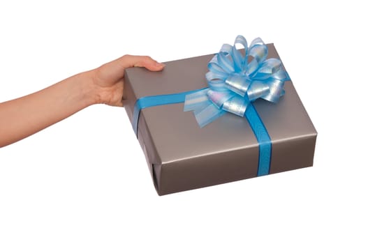 woman giving a silver box with blue bow as a gift