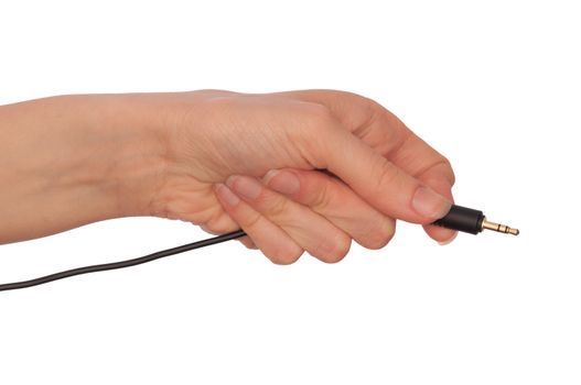 woman taking audio jack in the hand