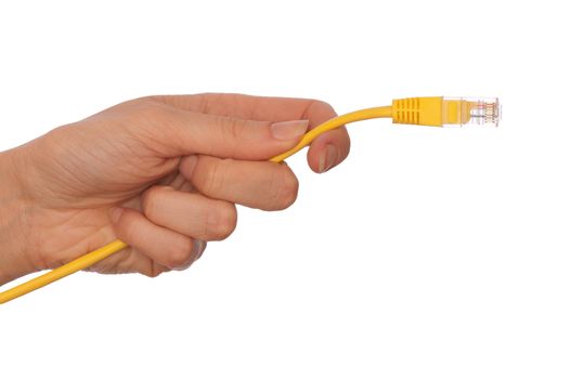 woman holding LAN cord in the hand