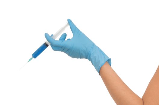 Woman holds in the hand syringe with a new blue color antibiotic