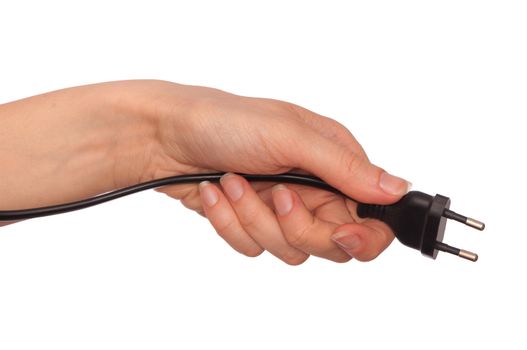 woman holding black outlet in the hand