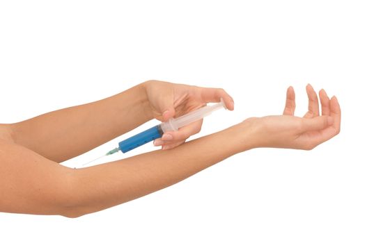 Woman use syringe with a new synthetic hard drugs for escape from reality