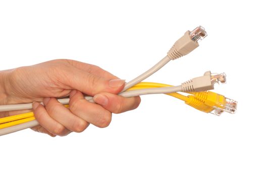 woman holding power LAN cord in the hand