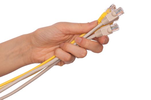 woman holding power LAN cord in the hand
