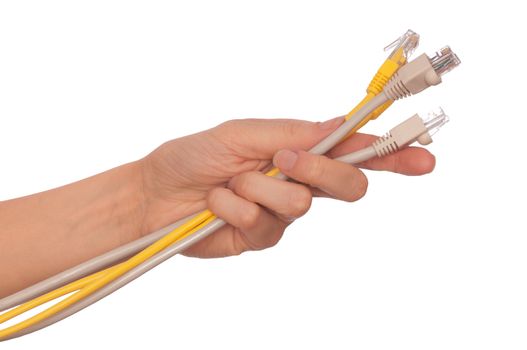 woman holding power LAN cord in the hand