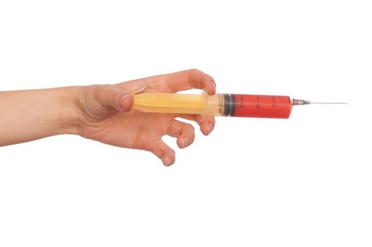 Woman holds in the hand syringe with a new antibiotic mixed with blood
