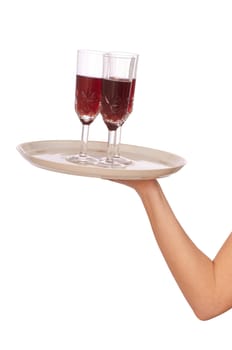 Waiter hold the tray with three glasses champagne